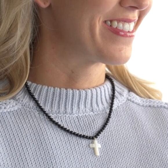 Susan Shaw Alys Black Onyx and Mother of Pearl Cross Necklace and Earrings New! - Picture 7 of 8